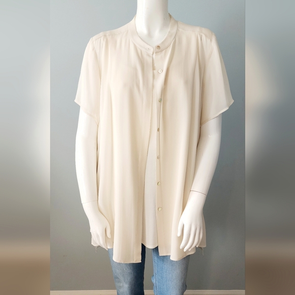 [2X] EILEEN FISHER 100% Silk Button Down Semi Sheer Short Sleeve Blouse - Picture 2 of 15